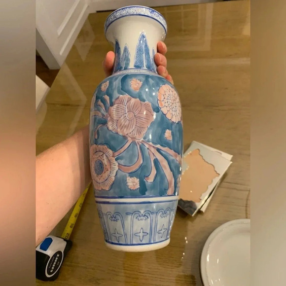 Vintage Handpainted Ceramic Blue and Pink 11” Vase - Picture 2 of 3